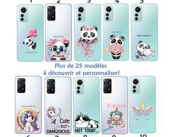 Coque + Cordon Redmi A1 A2 9 10 12 10C 10A 12C 13C Note 13 4G 5G et PRO panda licorne kawaii coeur love samouraii eyes fleurs sakura prénom