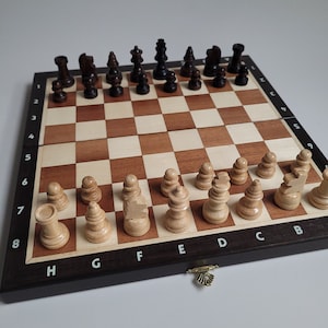 Elegant Travel Chess Set with Mahogany and Maple Veneer, Folding Board
