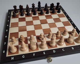 Elegant Travel Chess Set with Mahogany and Maple Veneer, Folding Board
