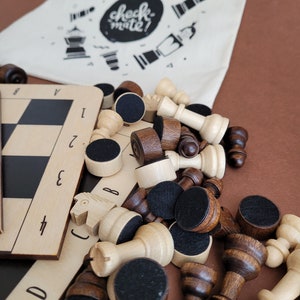 Unique Chess Set Handcrafted puzzle chessboard with chess pieces & linen bag. Portable, creative design. Perfect for travel. Limited edition