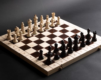 Chess, closed case, burnt lines, hand-painted fields, 44cm x 44cm insert, carved figures, game for children and adults, gift