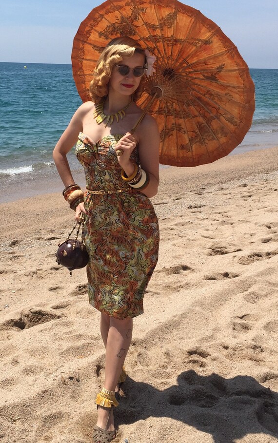 Vintage Hawaiian 1950s rayon sarong strapless dres