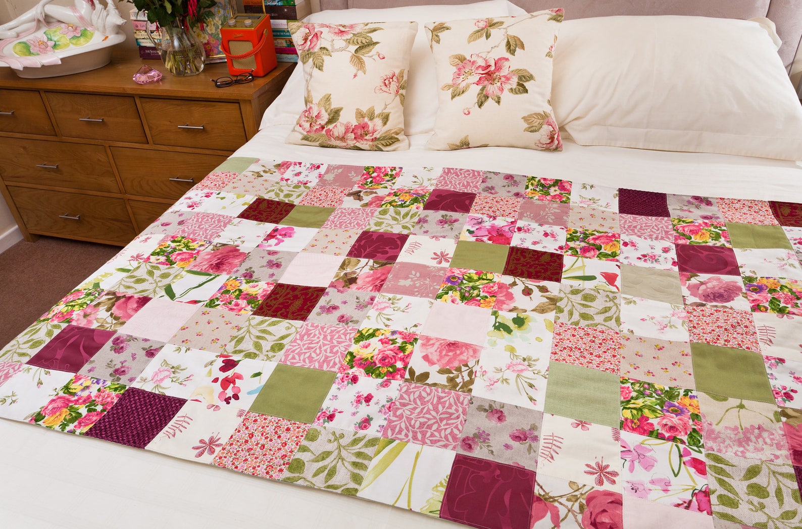 Handmade Patchwork Quilt Rose Garden Pink Green and Cream Etsy