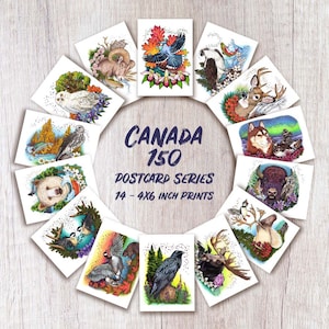 Canada Themed Postcard Set - Canada 150 4x6 Postcard Set, Canadian Wildlife Postcards, Canadian Province art, Canadian Nature Illustrations