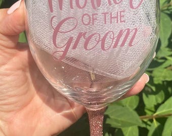 Mother of the Groom Glittered Wine Glass