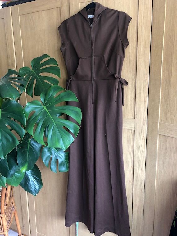 Vintage 70s Chocolate coloured jumpsuit with Hood