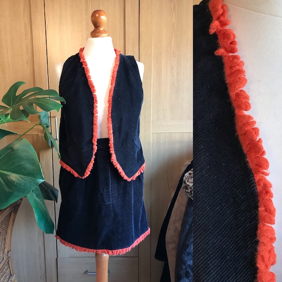 Vintage 70’s Cord Two piece skirt suit with orange