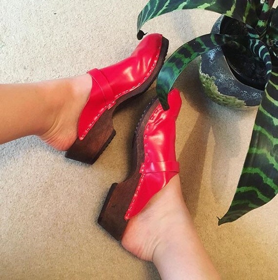 Vintage 70s original Red Leather swedish Clogs Siz