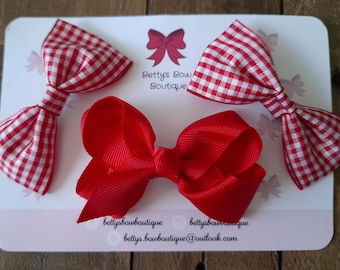 Red Gingham School Hair Bow Bundle: 3-Inch Clips