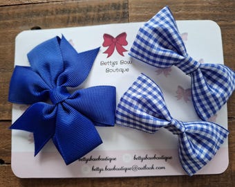 Royal Blue Gingham Hair Bow Bundle: School Girl Hair Clips, Set of 3