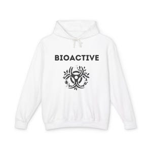 May include: White hooded sweatshirt featuring the word "BIOACTIVE" in black above a black biohazard symbol with a floral design. The sweatshirt has a drawstring hood and long sleeves.