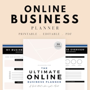 May include: A printable online business planner with a light pink and white geometric design. The cover reads "The Ultimate Online Business Planner" and includes pages for business overview, design elements, and more. The planner is 38 pages.