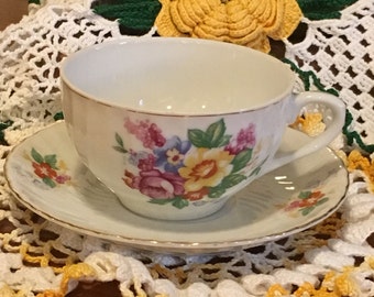 Vintage Tea Cup and Saucer, Tea Cup and Saucer Matching Set, Japan Clover Inside wreath mark , Yellow , Purple , Blue , Green , Full Size