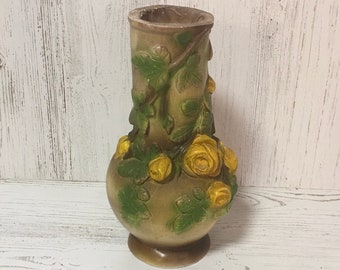 Vintage vase yellow roses dimensional pottery chalk decor flower craft repurpose