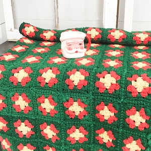 Vintage blanket handmade green yellow red holiday  crocheted Afghan retro decor gift