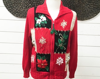 Vintage Christmas sweater heirloom red poinsettias  ladies holiday Christmas Ramie wool acrylic medium gift ugly sweater cardinal black