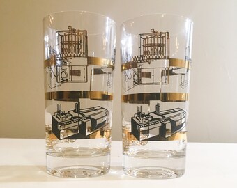 Vintage glass tumblers black gold retro machine machines printing industrial midcentury bar Barware highball funky gift