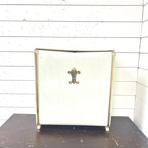 Vintage clothes hamper white pearl wick white seat wicker vinyl metal retro mid century decor