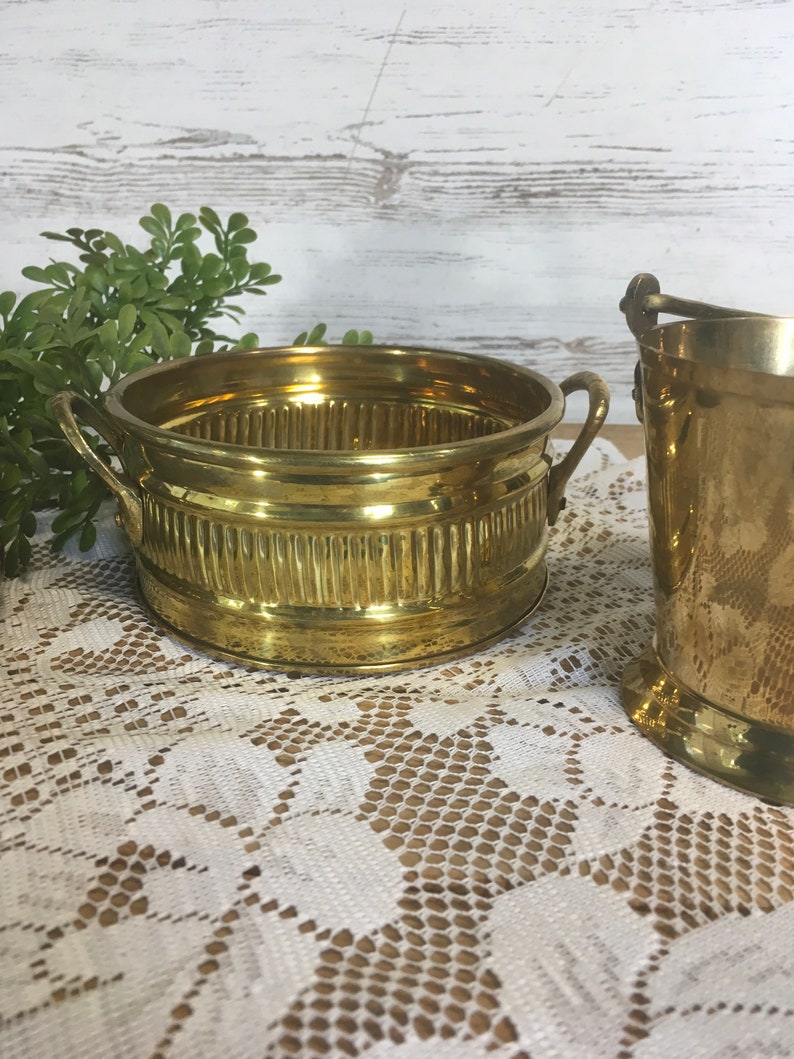 Vintage brass pail small bucket dish container midcentury decor Hollywood regency repurpose bucket mini retro planter