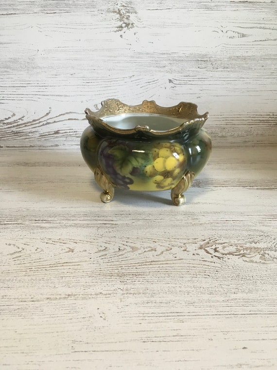 Unusual vintage footed decorative dish with fruit motif and gold detailing
