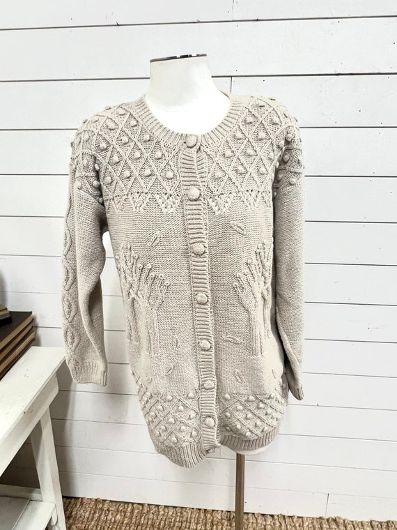Vintage hand knit cardigan sweater yarn works tan… - image 5
