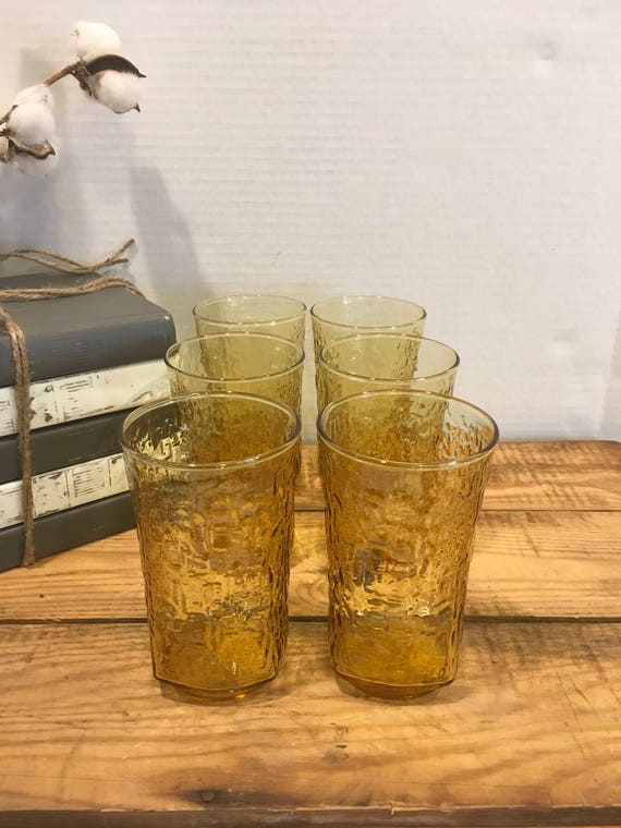 Vintage Glasses Tumblers Amber Yellow Gold Textured Bamboo Mid 