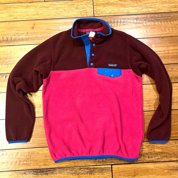 Vintage Patagonia synchilla snap T fleece pullover pink blue color block y2K medium