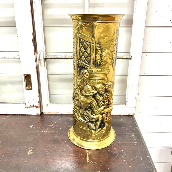 Vintage brass umbrella stand walking stick holder English repousse decor gold