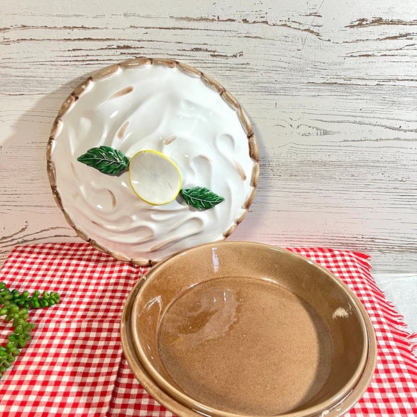 Vintage ceramic pie dish lemon meringue covered pie Portugal decor