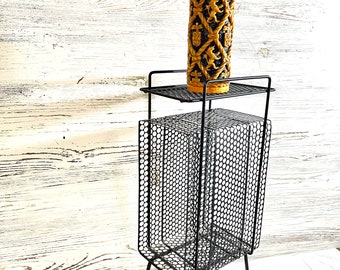 Vintage mid century side table phone stand black metal plant stand perforated decor retro