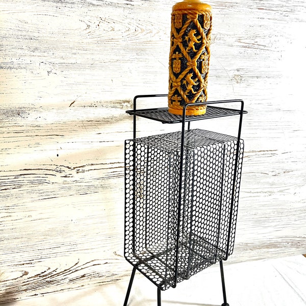 Vintage mid century side table phone stand black metal plant stand perforated decor retro