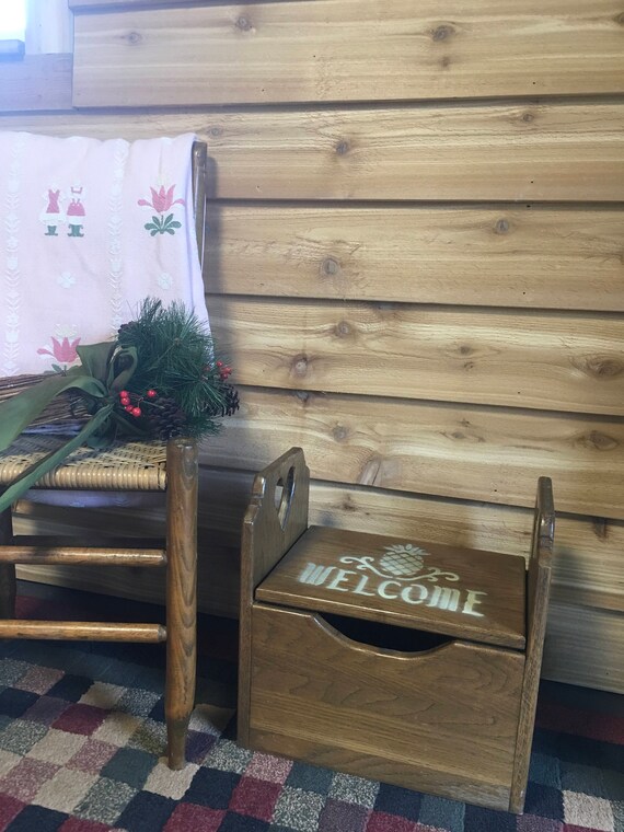 Vintage Storage Stool Bench Step Stool Wood Oak Bin Box Seat Etsy