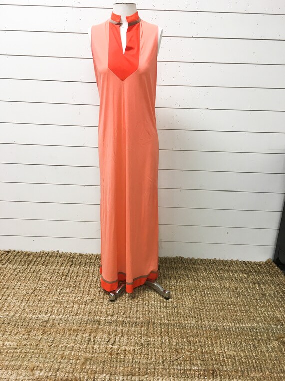 Vintage gown nightgown retro orange peach gray mi… - image 3