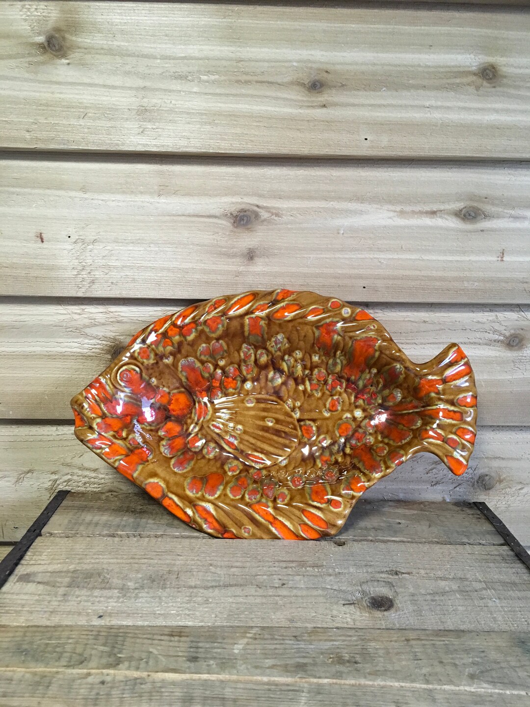 Vintage Fish Dish Ceramic Orange Brown Speckled Splatter Funky Etsy