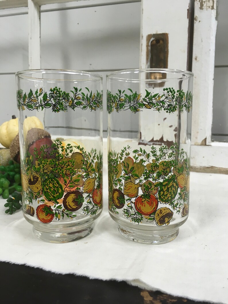 Vintage glasses vegetables Libbey Libby spice of life bone Sante decor tumblers retro decor replacement