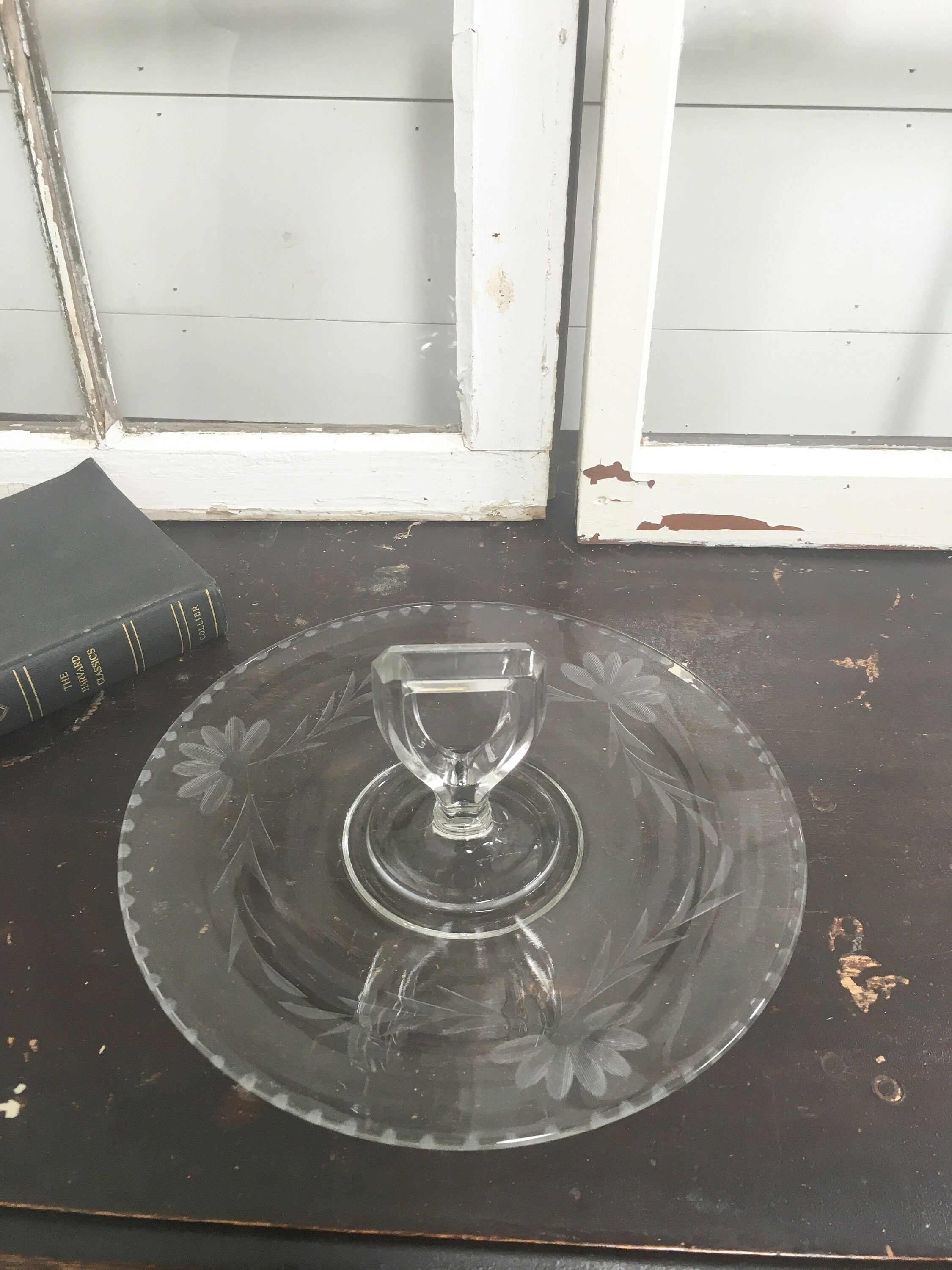 Vintage Serving Plate Clear Glass Handle Party Etched Glass Etsy