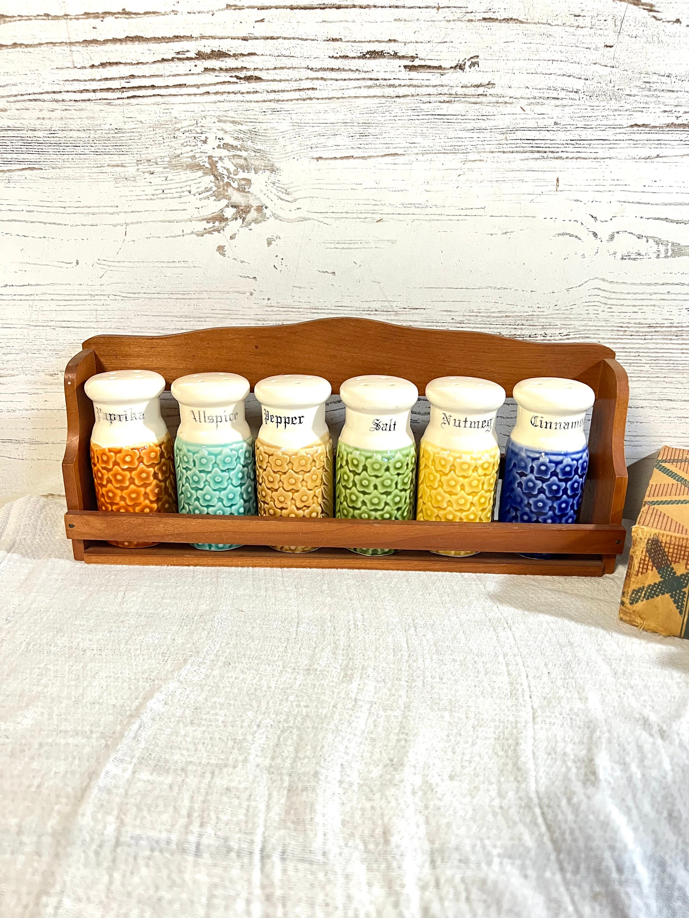 Vintage Spice Jars Wood Rack Ceramic Shakers Decor Retro Etsy