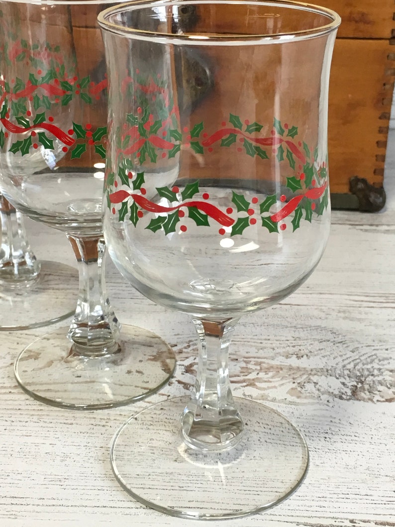 Vintage stemware glasses holly Christmas holiday red green set Etsy