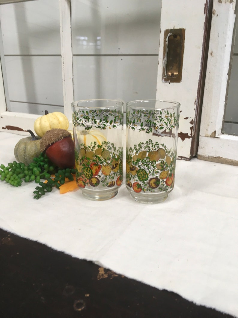 Vintage glasses vegetables Libbey Libby spice of life bone Sante decor tumblers retro decor replacement
