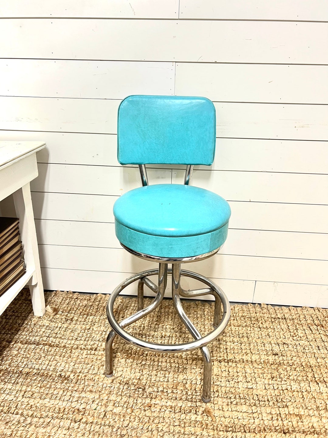 Vintage Stool Chair Swivel Chrome Turquoise Retro Bar Mod Mid Century
