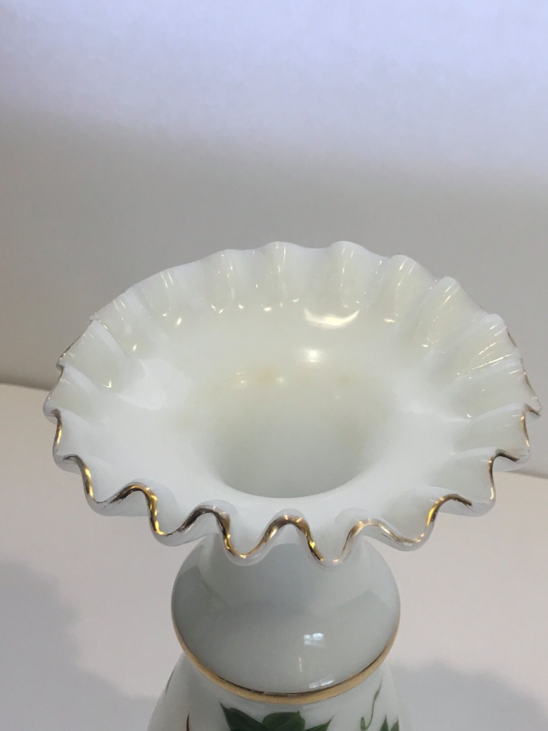 Vintage White Vase Handpainted Green Leaves and Gold Tone Etsy