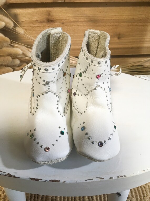 Vintage baby shoes boots leather white rhinestones - image 5