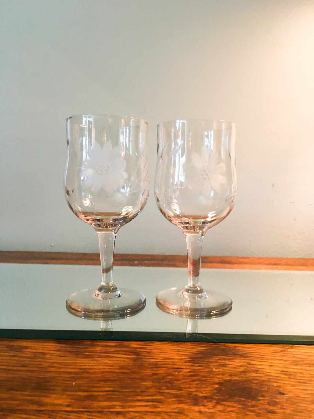Vintage Stemware Glasses Etched Cut Flower Wine Decor Etsy