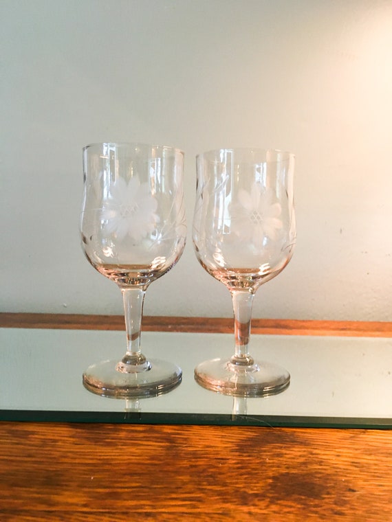 Vintage Stemware Glasses Etched Cut Flower Wine Decor Etsy
