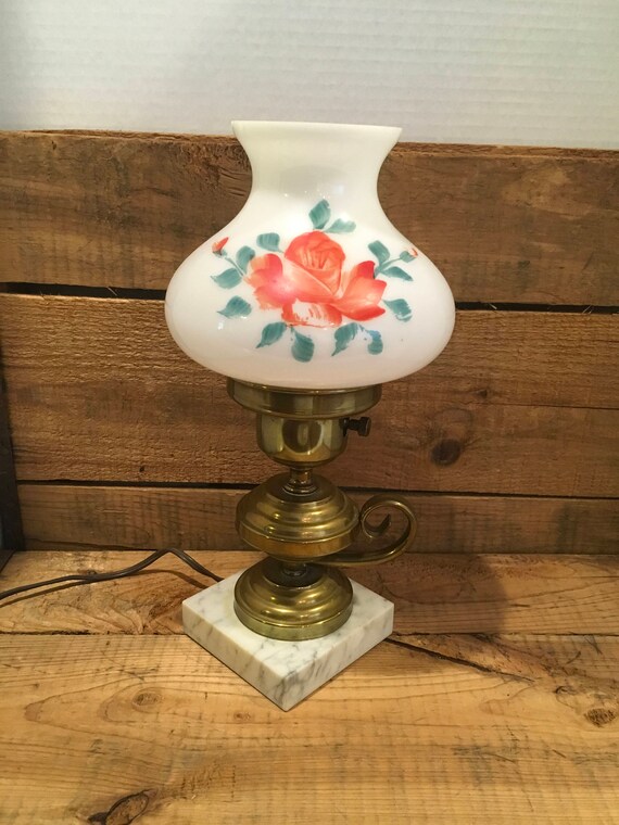 Vintage Brass Lamp Hand Painted Shade Lighting Electric Flower White Small Vanity Bedroom Cottage Shabby Chic Table Milk
