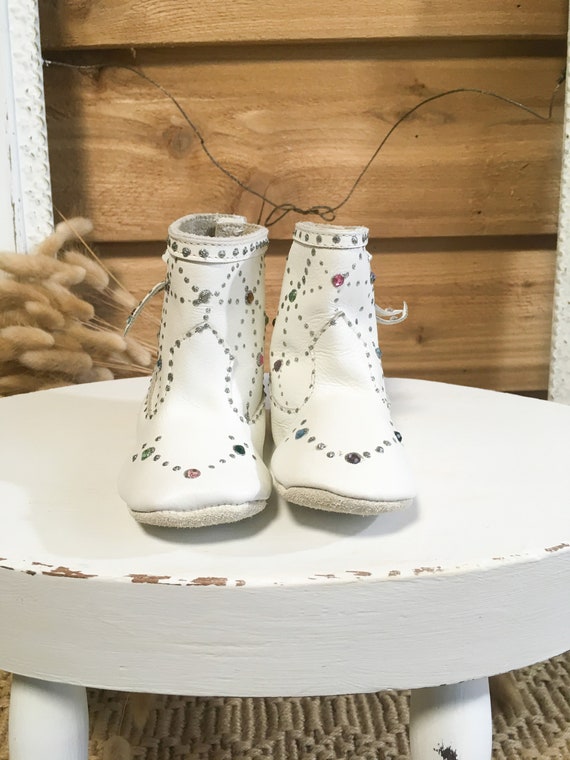 Vintage baby shoes boots leather white rhinestones - image 6