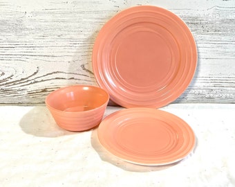 Vintage pink plates bowl hazel atlas dinner salad bowl platonite moderntone replacement decor