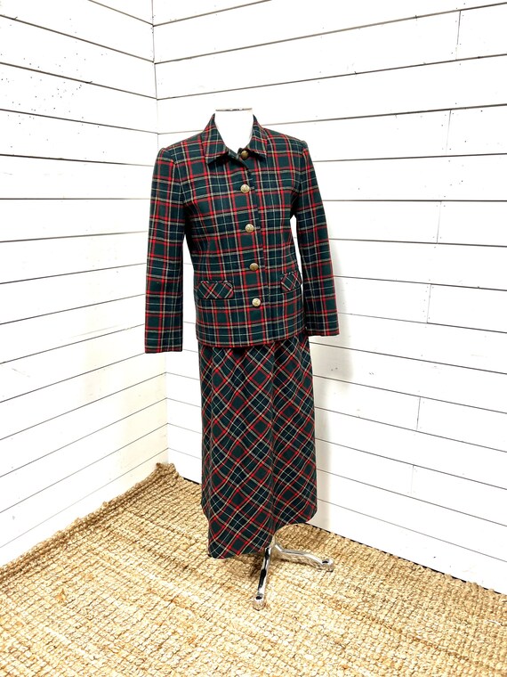 Vintage skirt jacket suit wool plaid red blue ret… - image 1