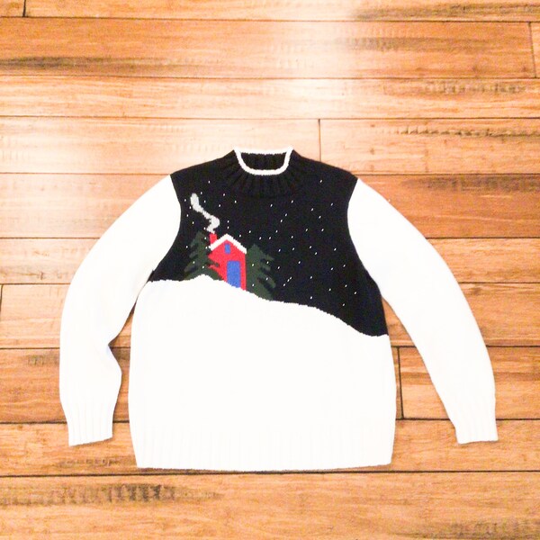 Vintage ladies Christmas sweater medium chaus ugly sweater winter black white