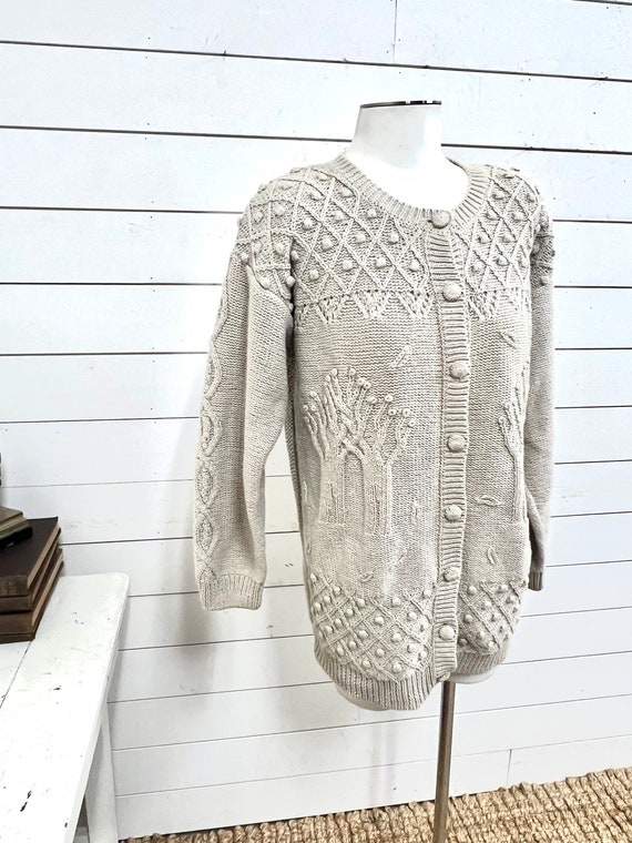 Vintage hand knit cardigan sweater yarn works tan… - image 3